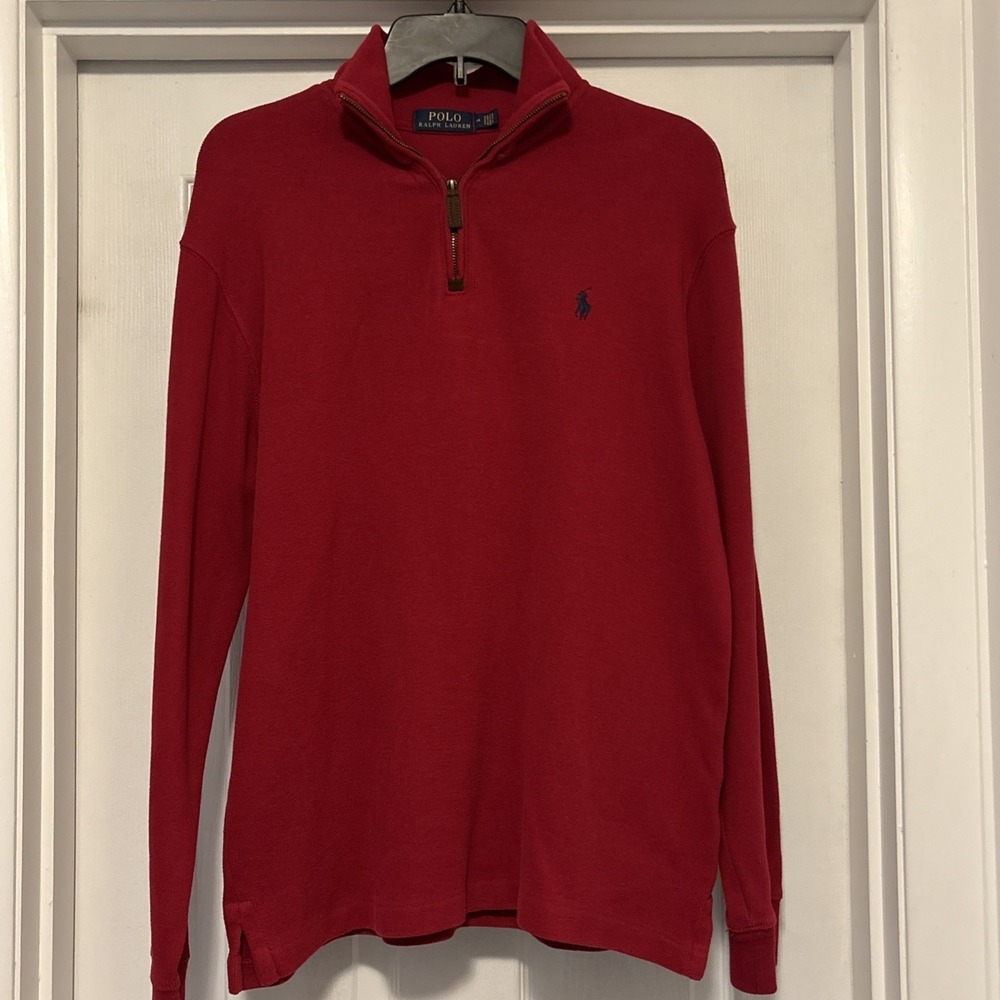 Polo Ralph Lauren 1/4 Zip Mock Neck Suede  Cotton French Rib Pullover Red Pony L
